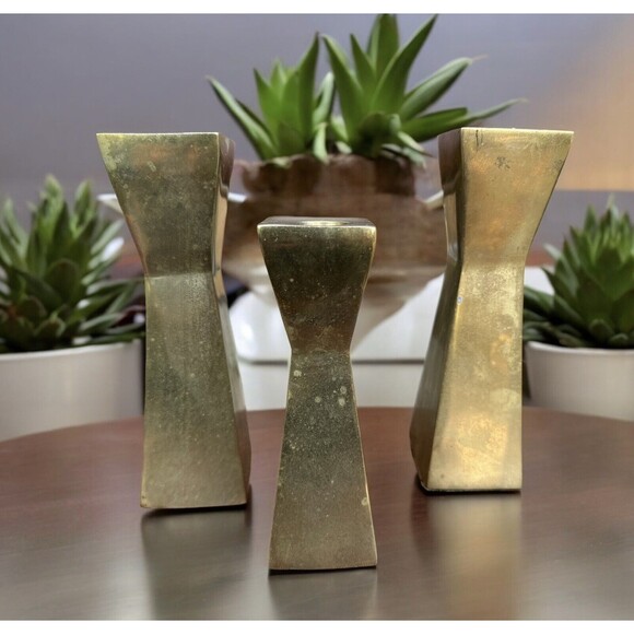 Square Double Inverted Pyramid Shape Brass Candlesticks MCM Lot Of 3 - 8” & 6.5” - Picture 9 of 10
